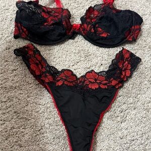 Adore Me Black and Red Lace Bra Set